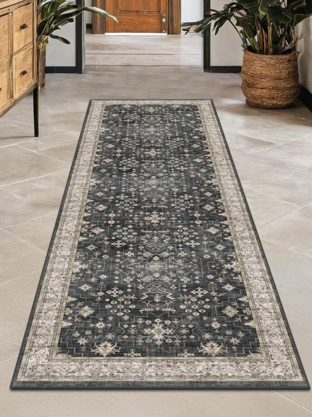 Black Boho Washable 2x6 Runner Rugs for Hallway Kitchen Bedroom Beside Laundry R